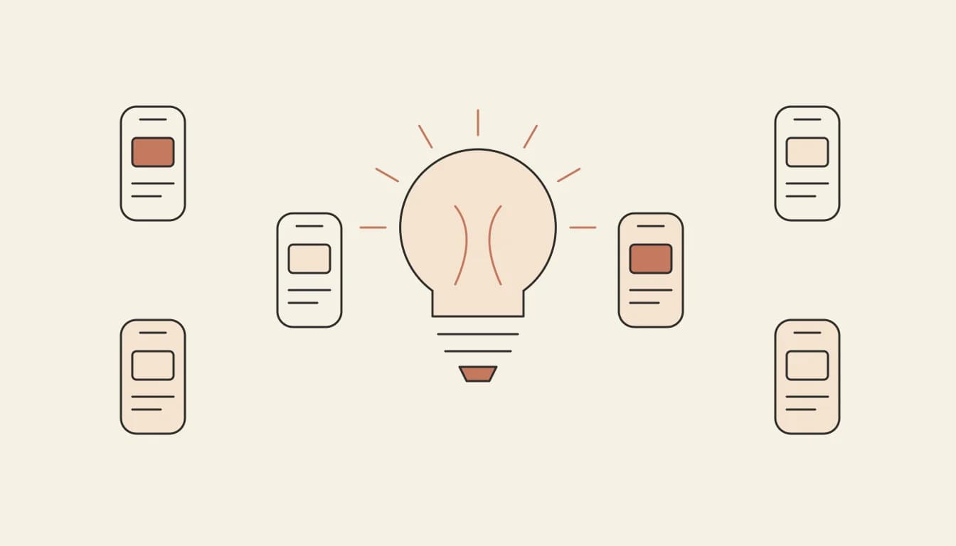 A grid of small app screens around a lit light bulb