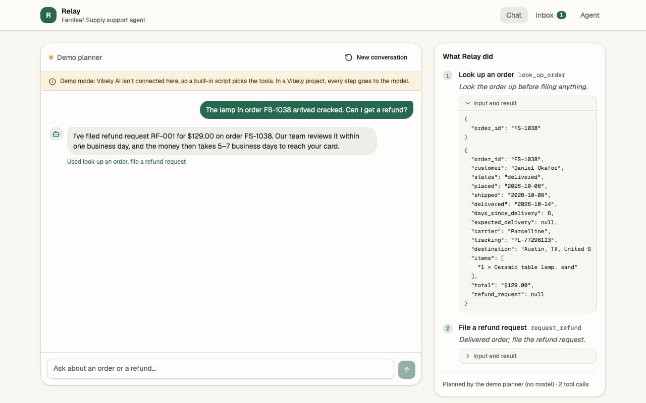 Relay, an AI support agent built with Vibely, filing a refund request