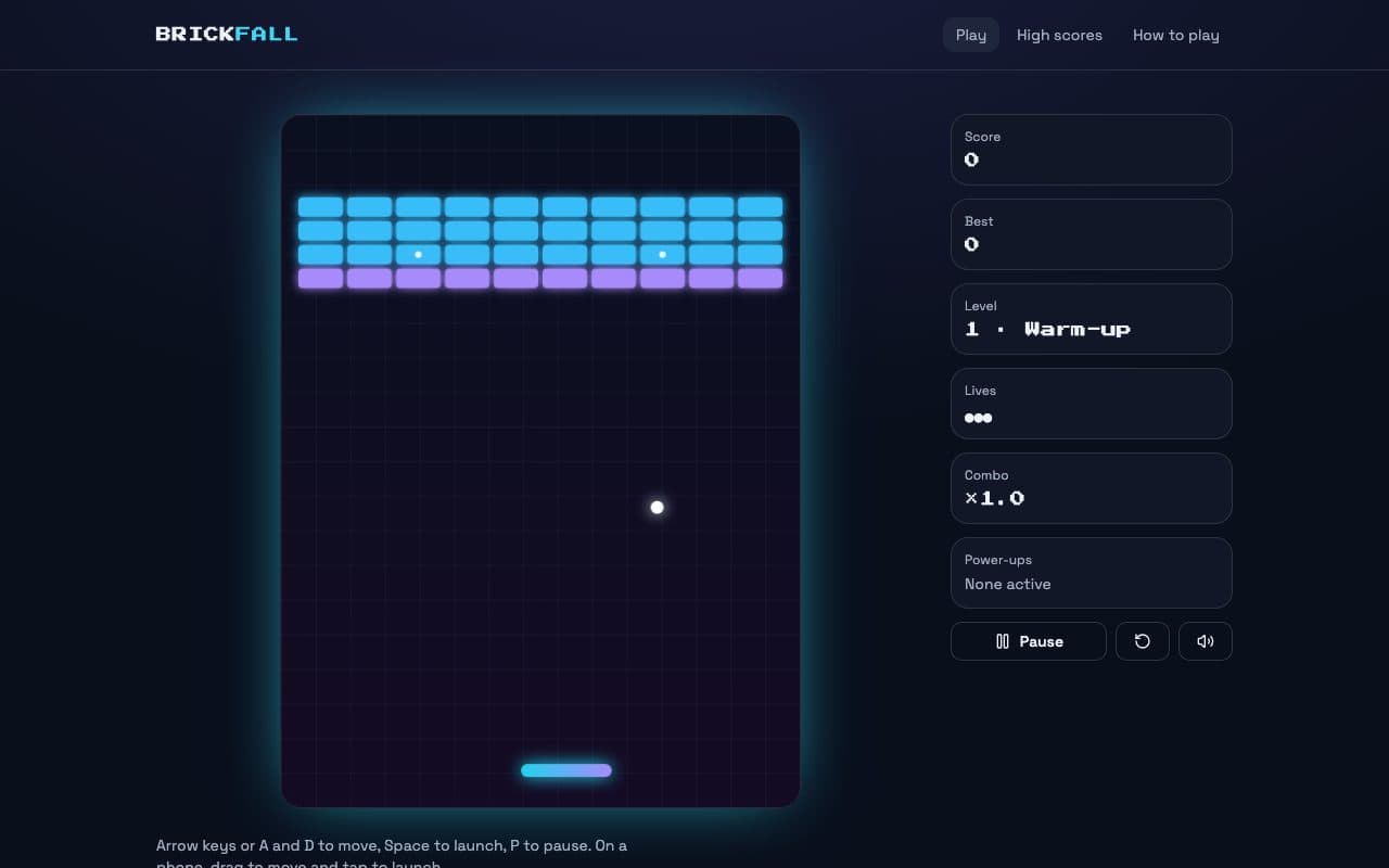 Brickfall, a brick-breaker game built with Vibely, mid-game