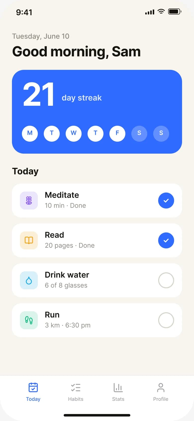 A habit tracker running as a native mobile app built with Vibely