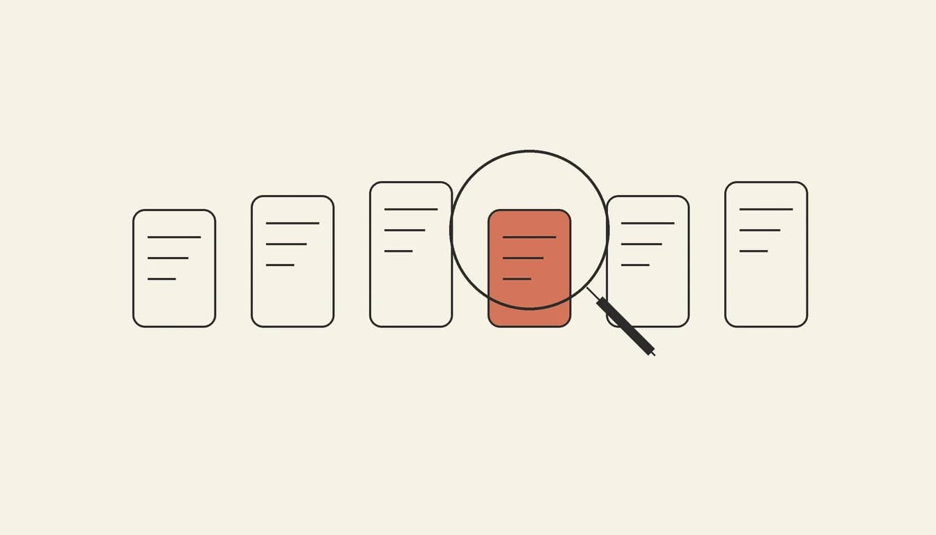 A magnifying glass over a stack of plan cards — a review of Base44 pricing and features in 2026