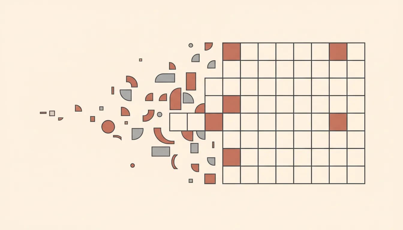Scattered shapes resolving into one aligned grid — internal tools replaced with Vibely