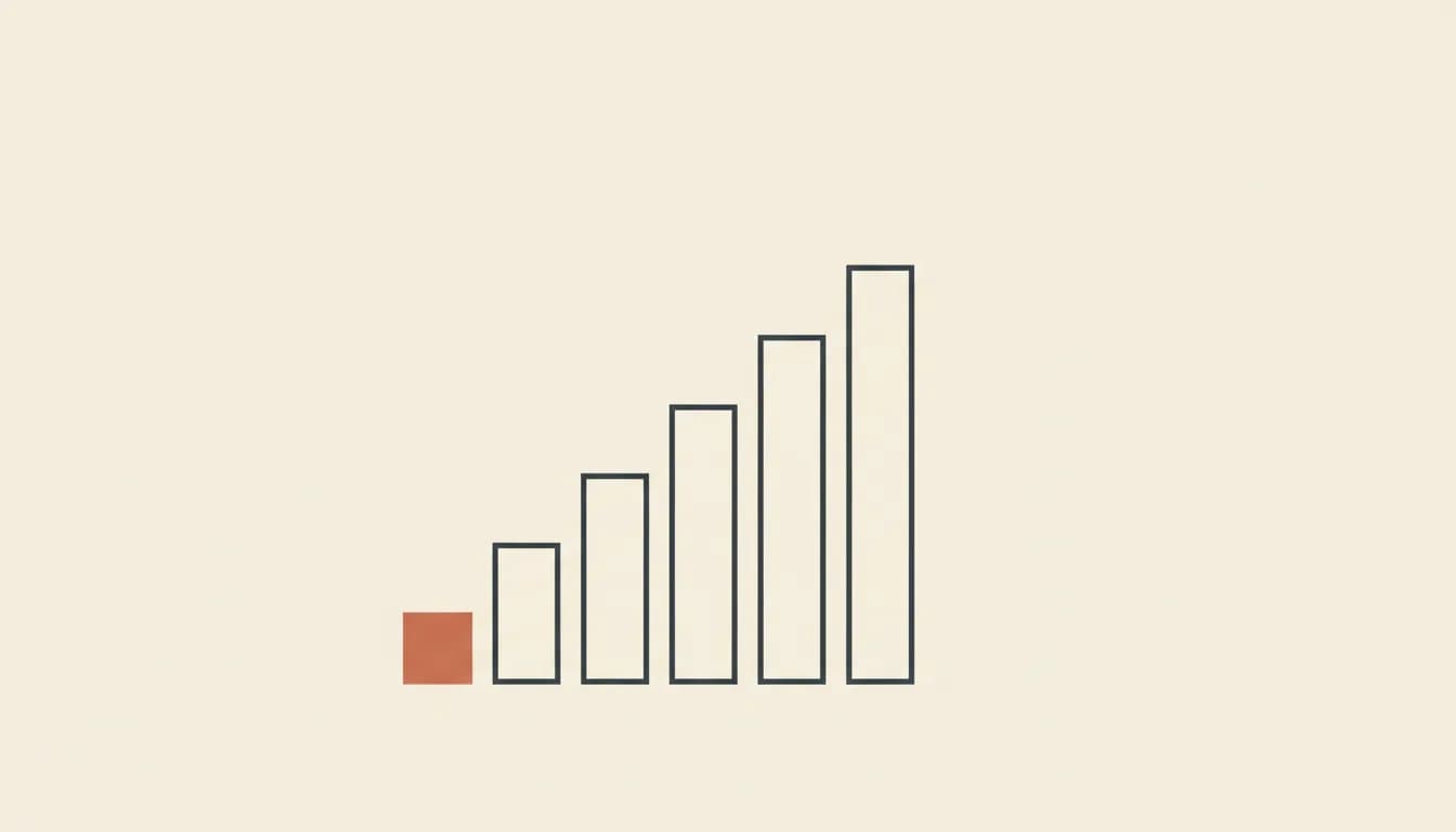 A small square growing into a rising sequence of bars — solo founder shipping a SaaS with Vibely