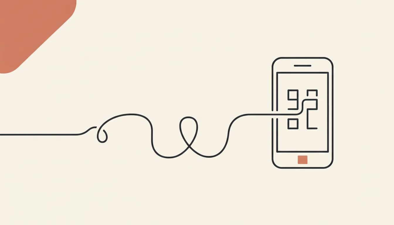 A single line flowing into an upright phone frame — building mobile apps with AI