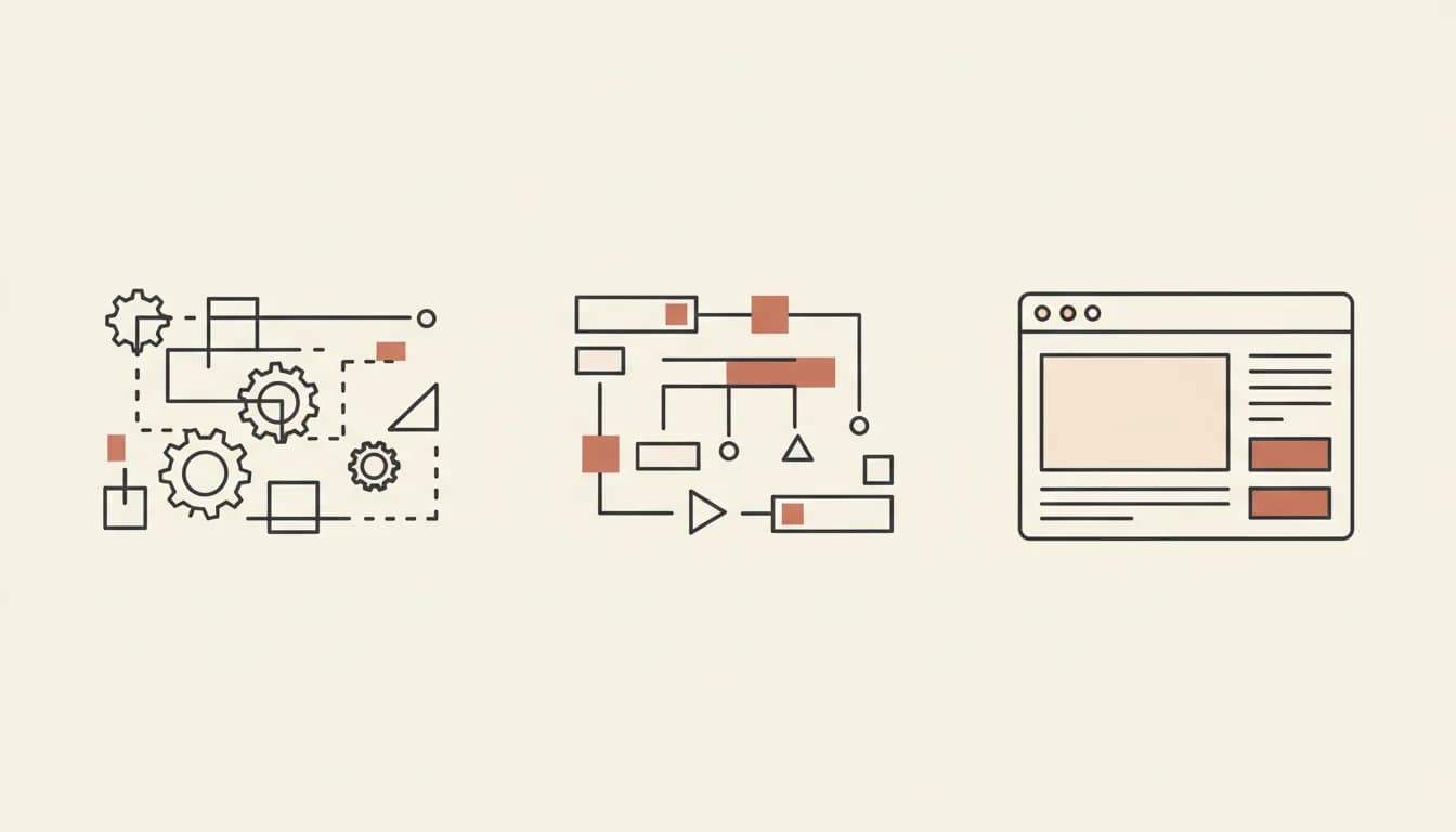 Three panels growing more resolved, ending in a browser window — building a web app with AI