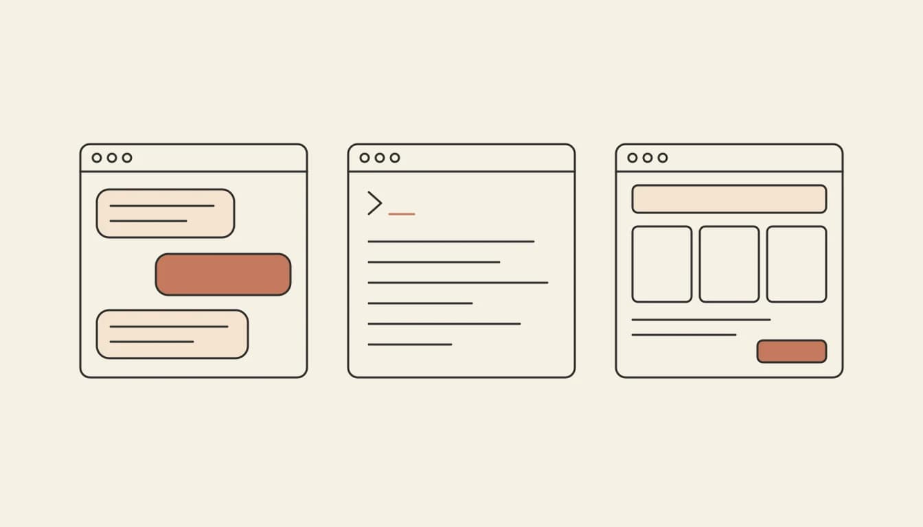 Three paths side by side: a chat window, a terminal window and a published app in a browser