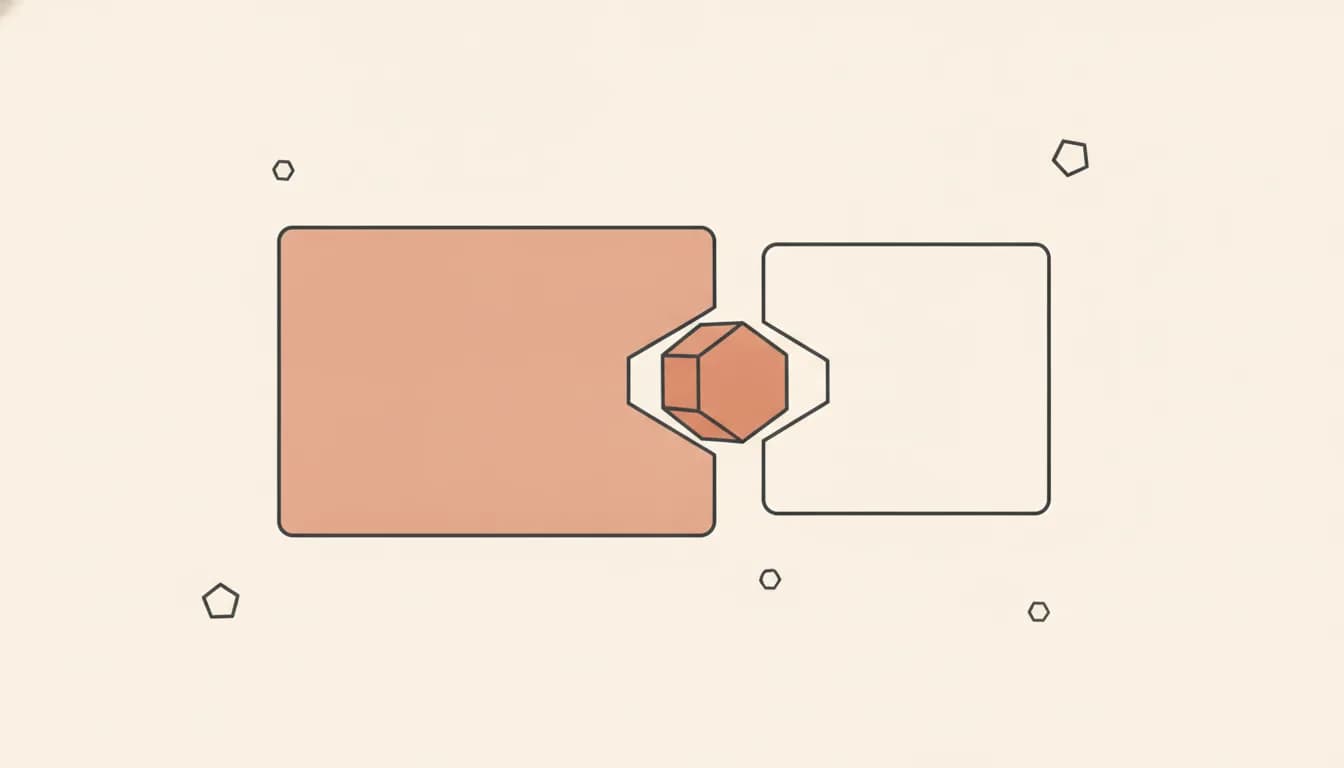 Two overlapping panels passing a shape between them — an illustrative design agency handoff