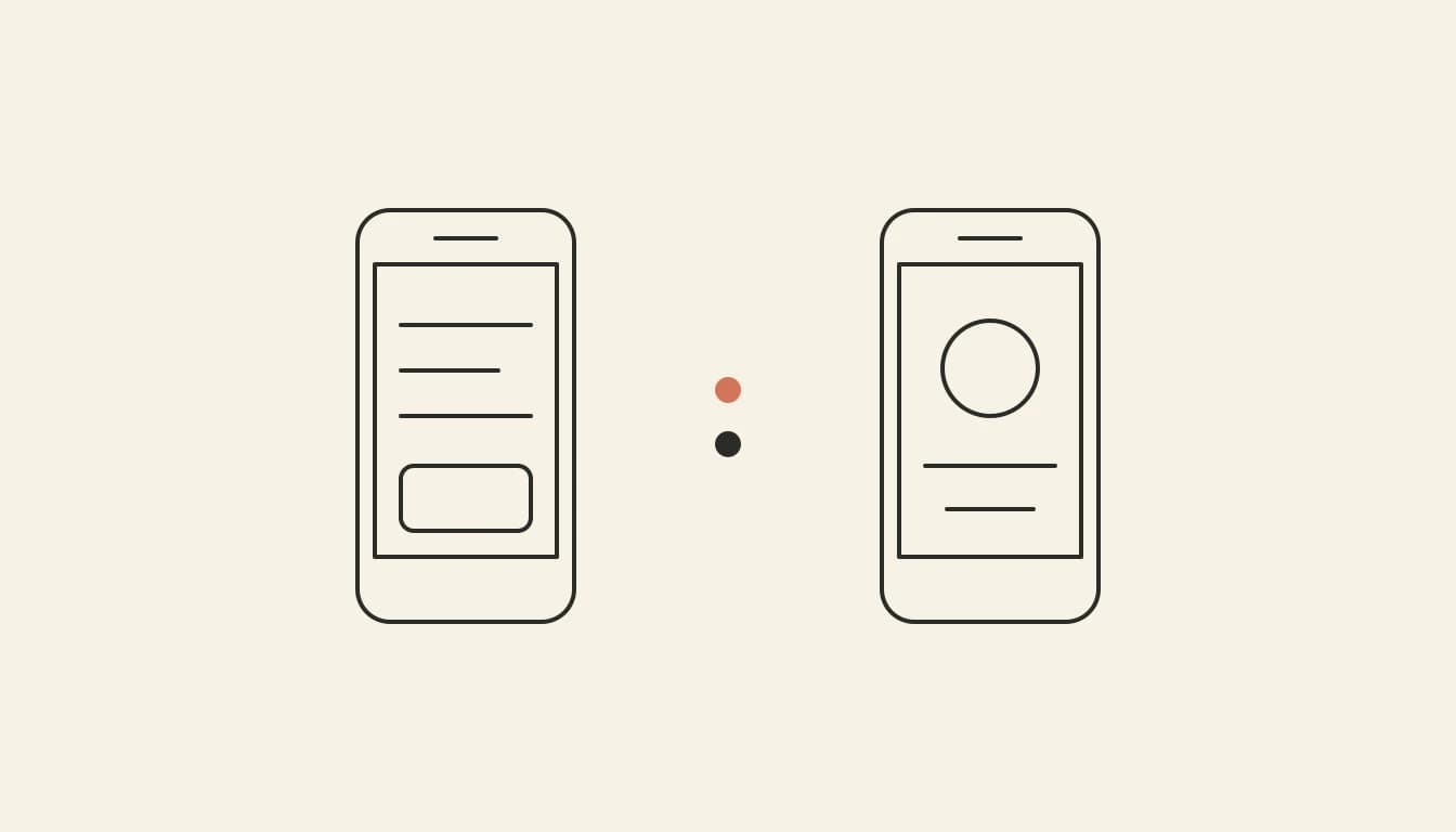 Two phone outlines side by side with a terracotta and a dark dot between them: React Native vs Swift