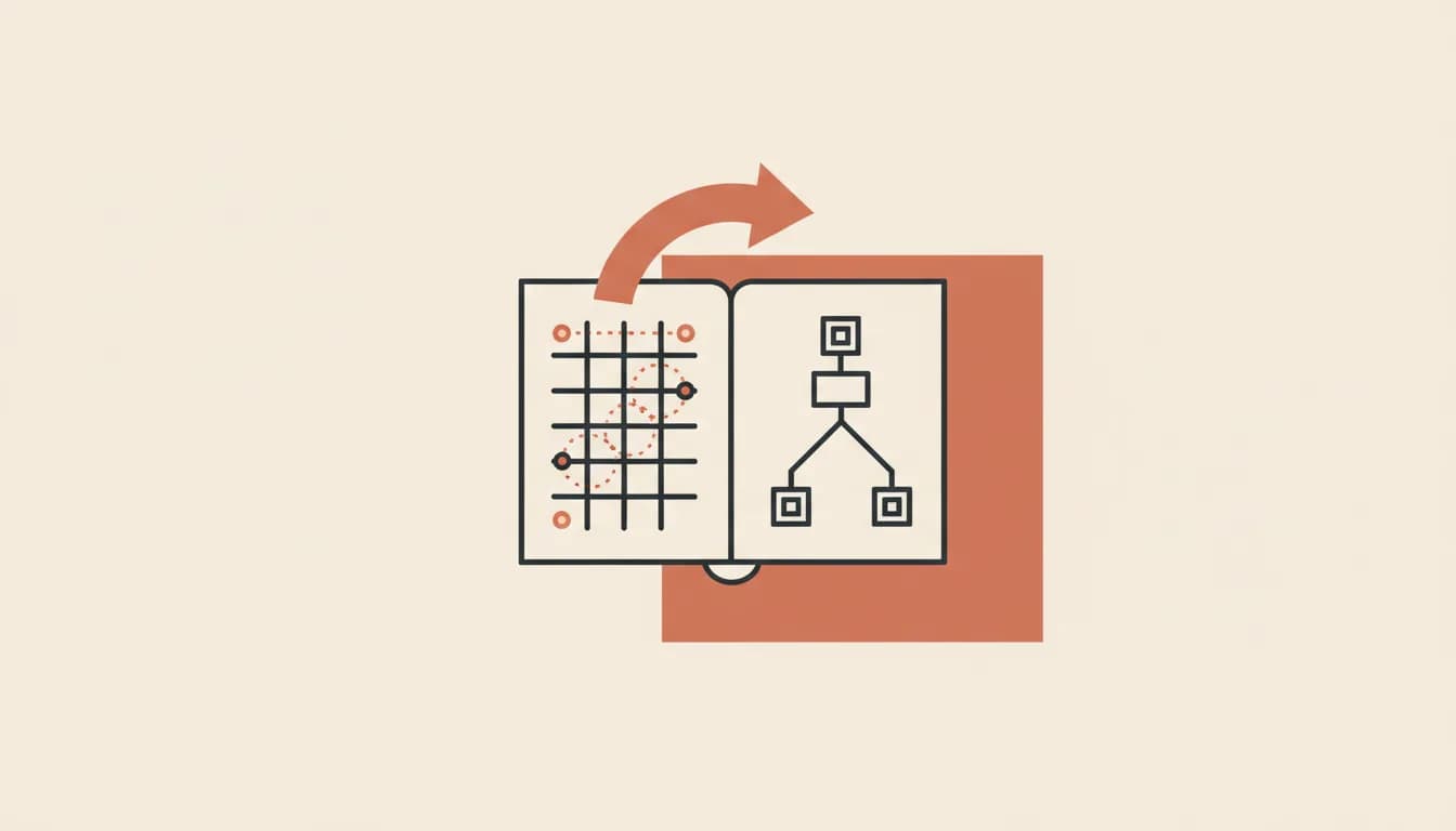 An open double panel with structured diagrams on both halves — vibe coding guide 2026