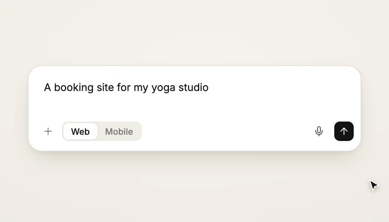 The Vibely chat box with the words "A booking site for my yoga studio" typed in and a mic icon beside the send button