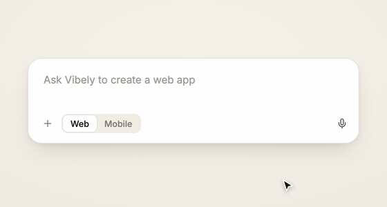 Animation of the Vibely chat box: the cursor taps the mic, a waveform appears with a cross and a tick, the words 'A booking site for my yoga studio' type in, and the tick is clicked.