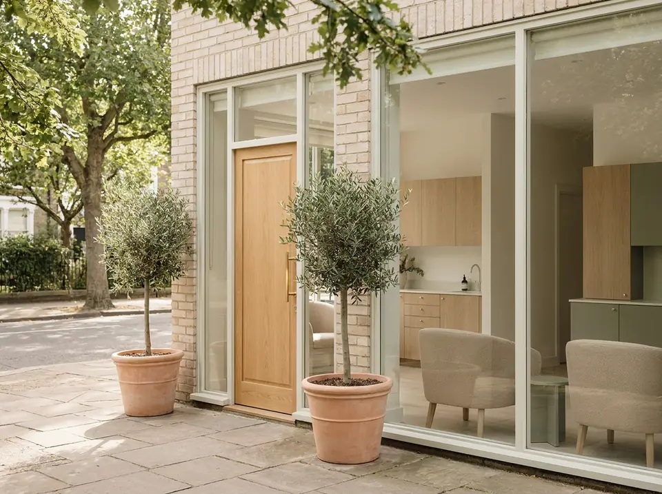 The studio entrance: an oak door between olive trees on a leafy street