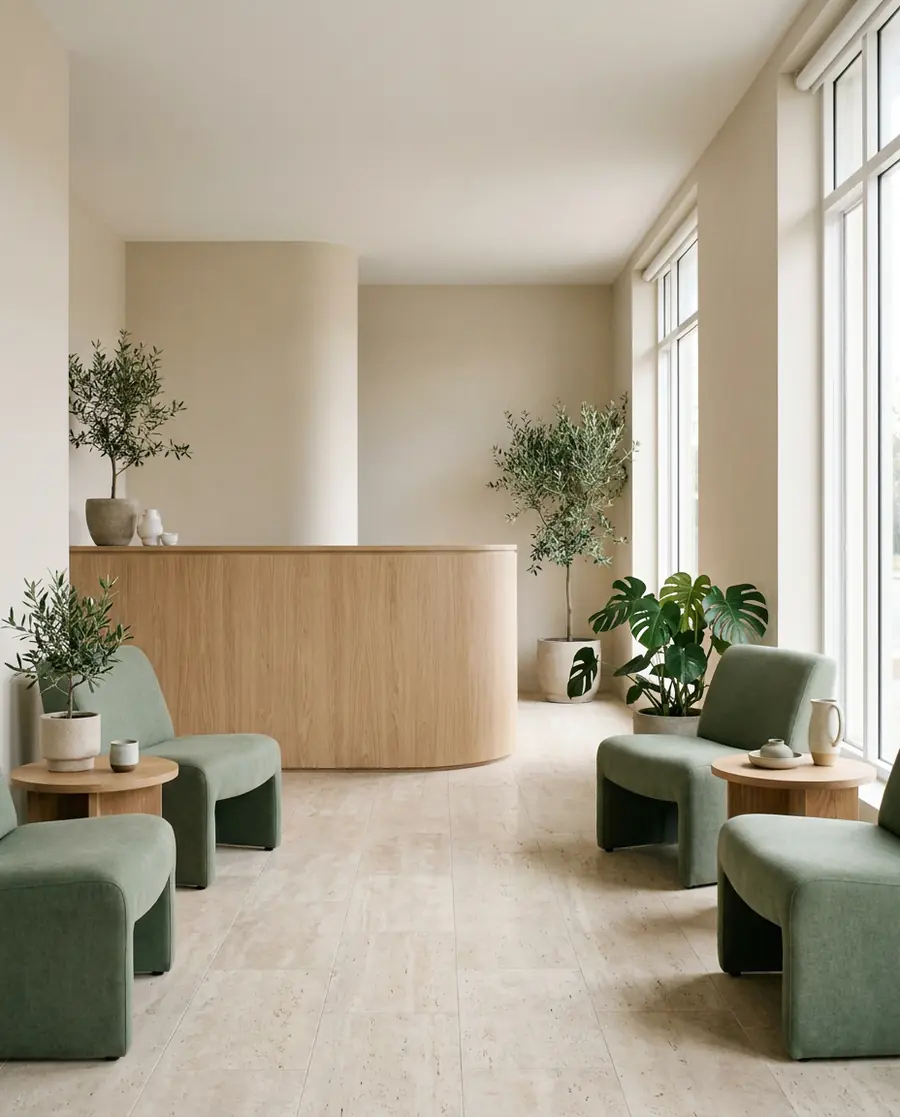 The Brightsmile reception: an oak desk, sage lounge chairs and olive trees in soft daylight