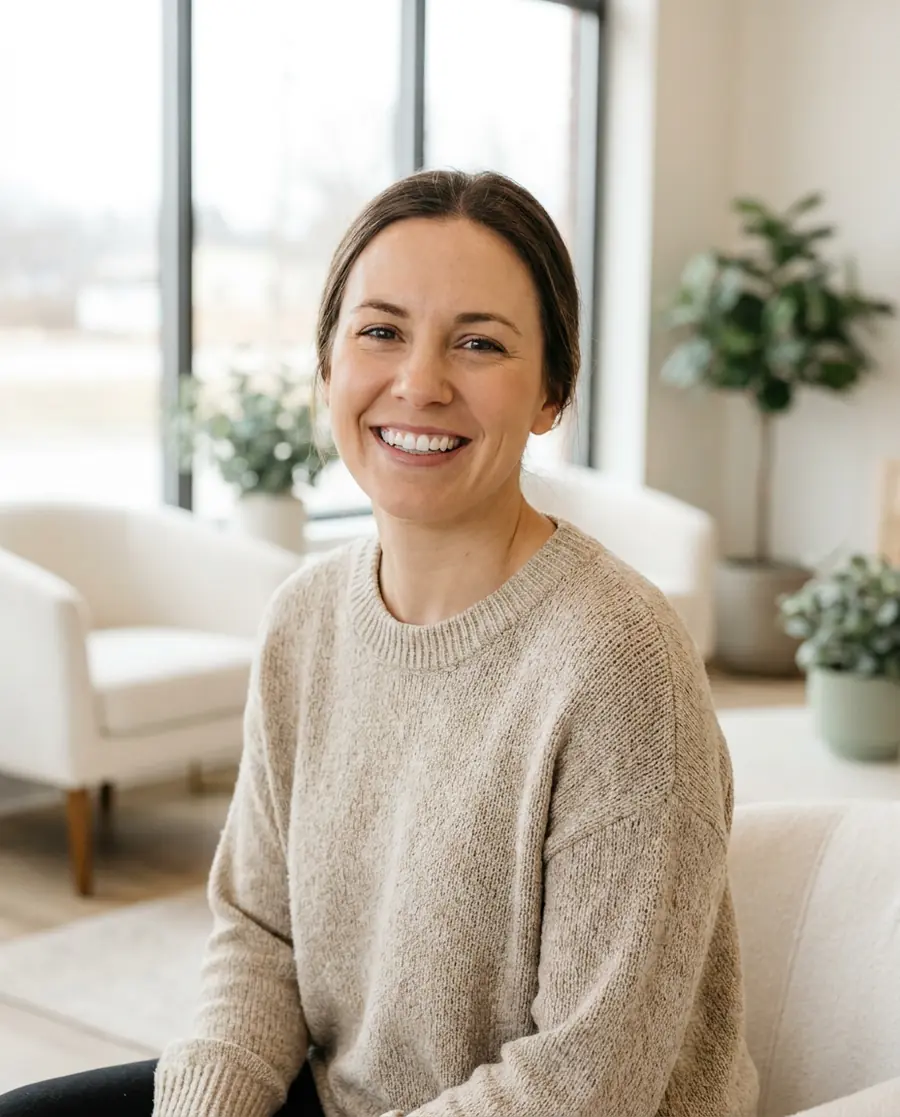 A smiling patient relaxing in the studio lounge