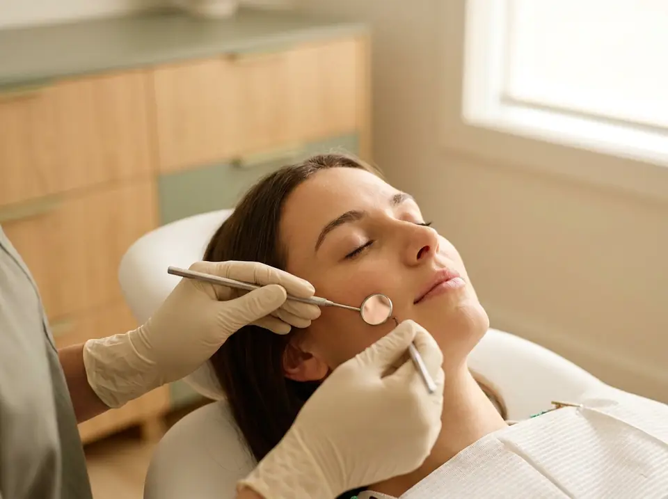 A hygienist holding a dental mirror beside a relaxed patient