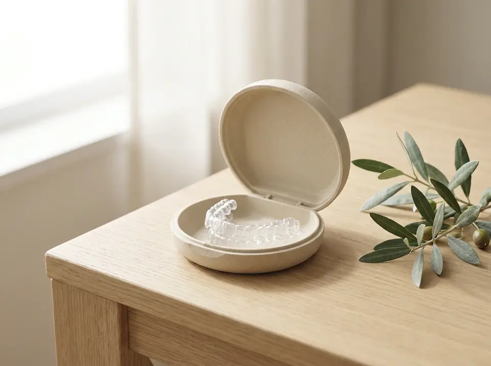 A pair of clear aligners in an open case on a wooden surface