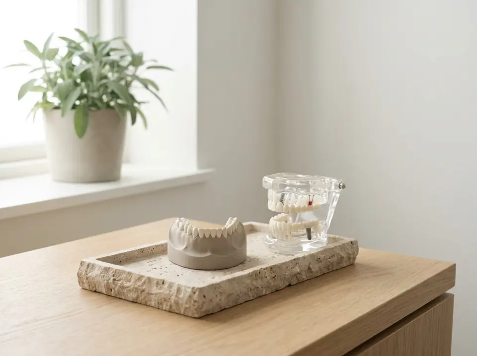 An educational model of a jaw section with an implant on a stone tray