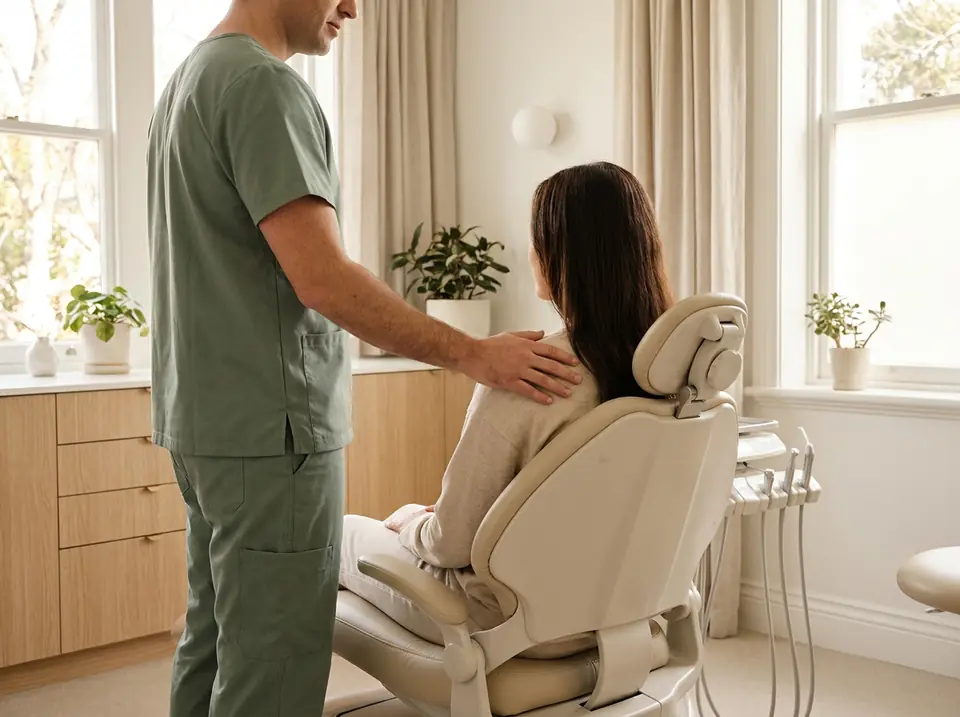 A dentist reassuring a patient sitting upright in a dental chair