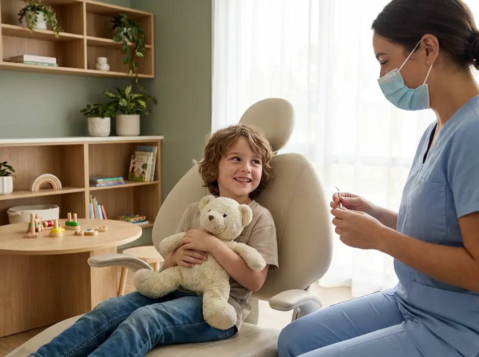 A smiling child in a dental chair holding a plush toy