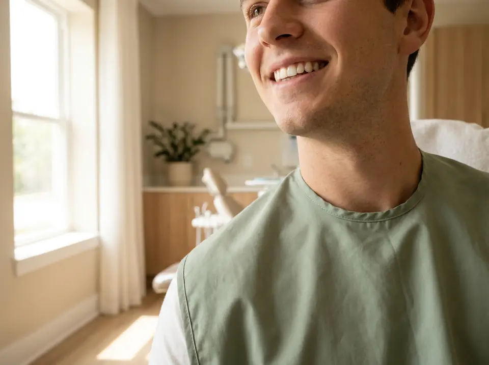 A smiling patient in a bright treatment room