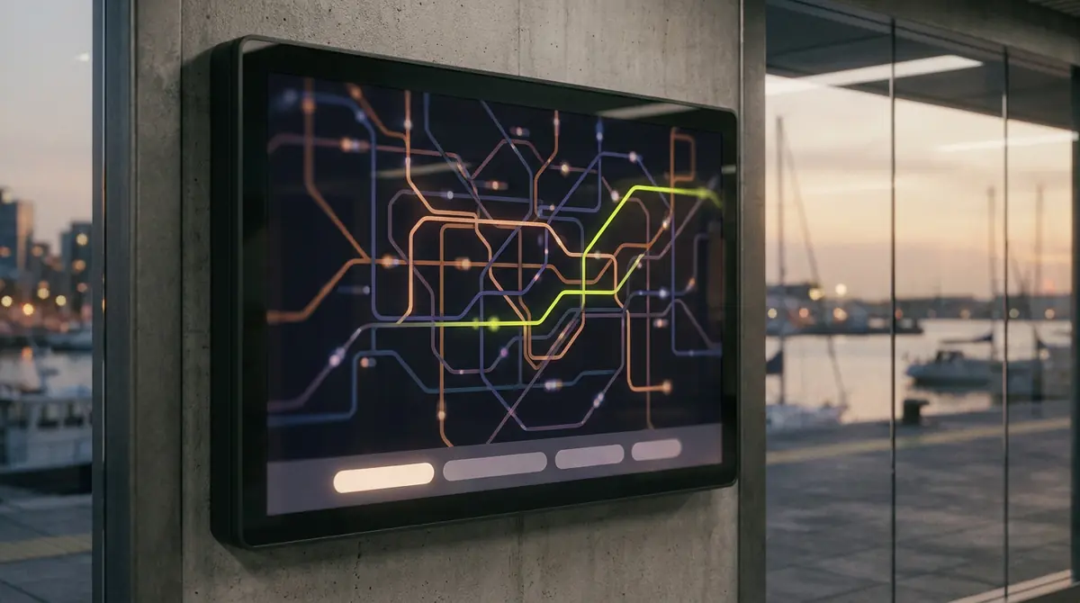 Station display showing a glowing transit map with the harbour behind