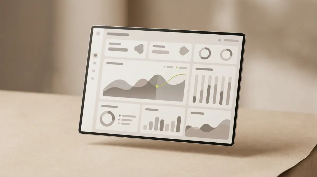 Ledgerly analytics dashboard on a laptop resting on a warm paper surface