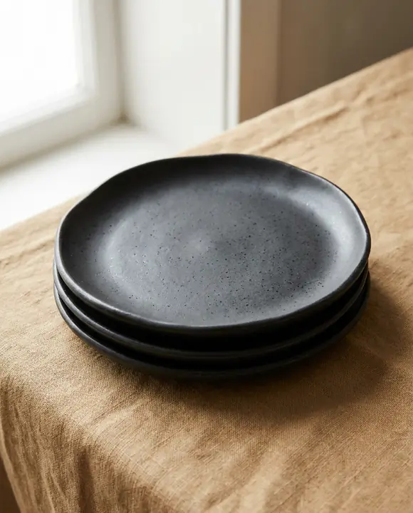 Stack of three speckled charcoal stoneware plates