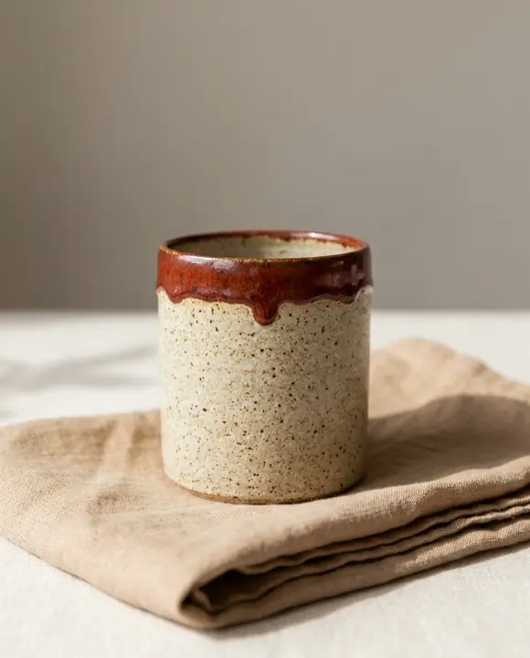 Speckled oatmeal stoneware mug with a dripping rust glaze rim