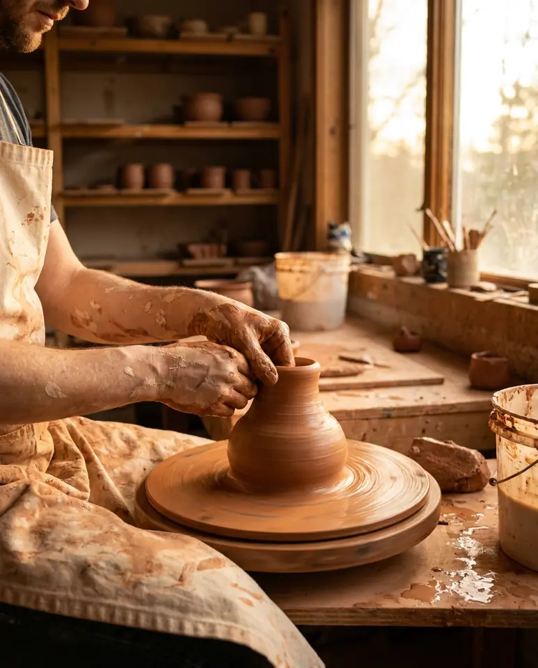 Hands shaping a terracotta jar on a spinning potter's wheel