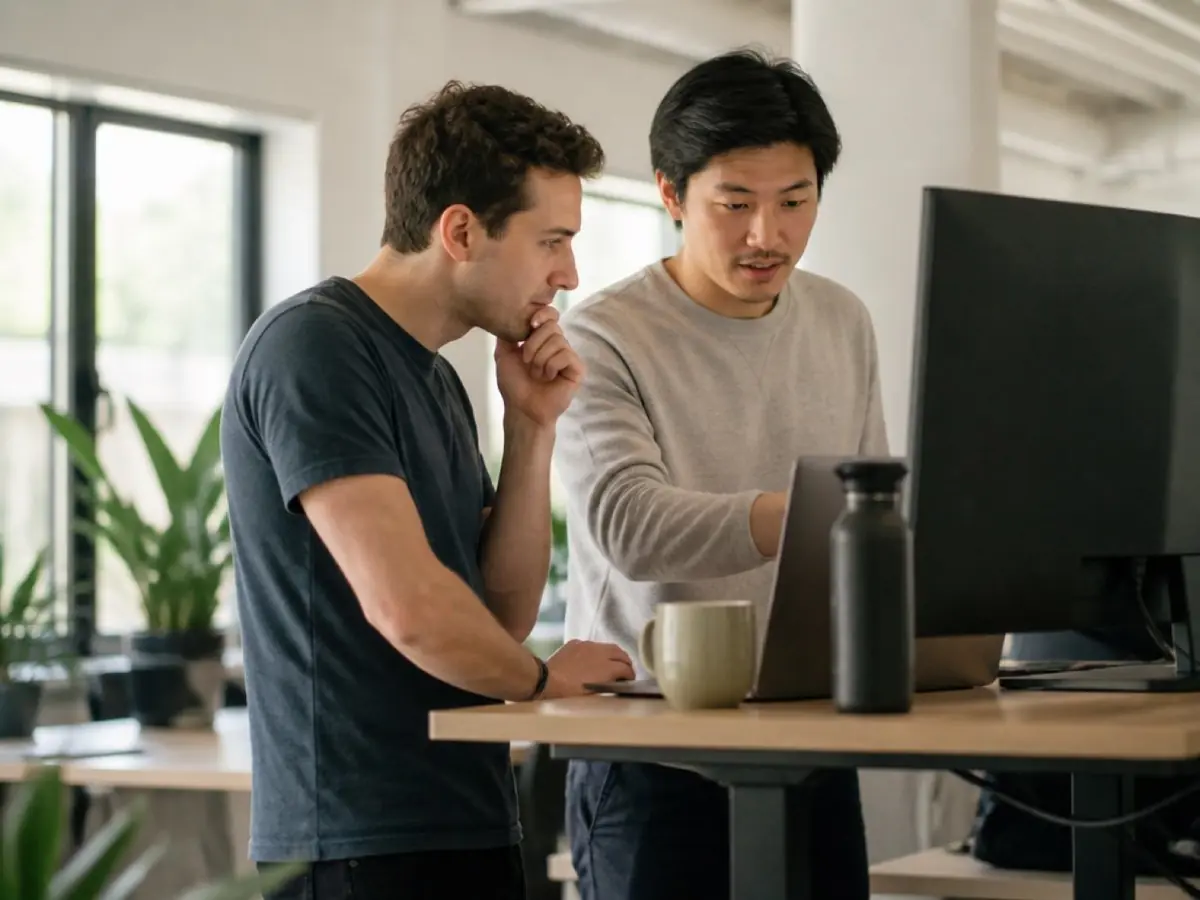 Two engineers reviewing work together at a standing desk
