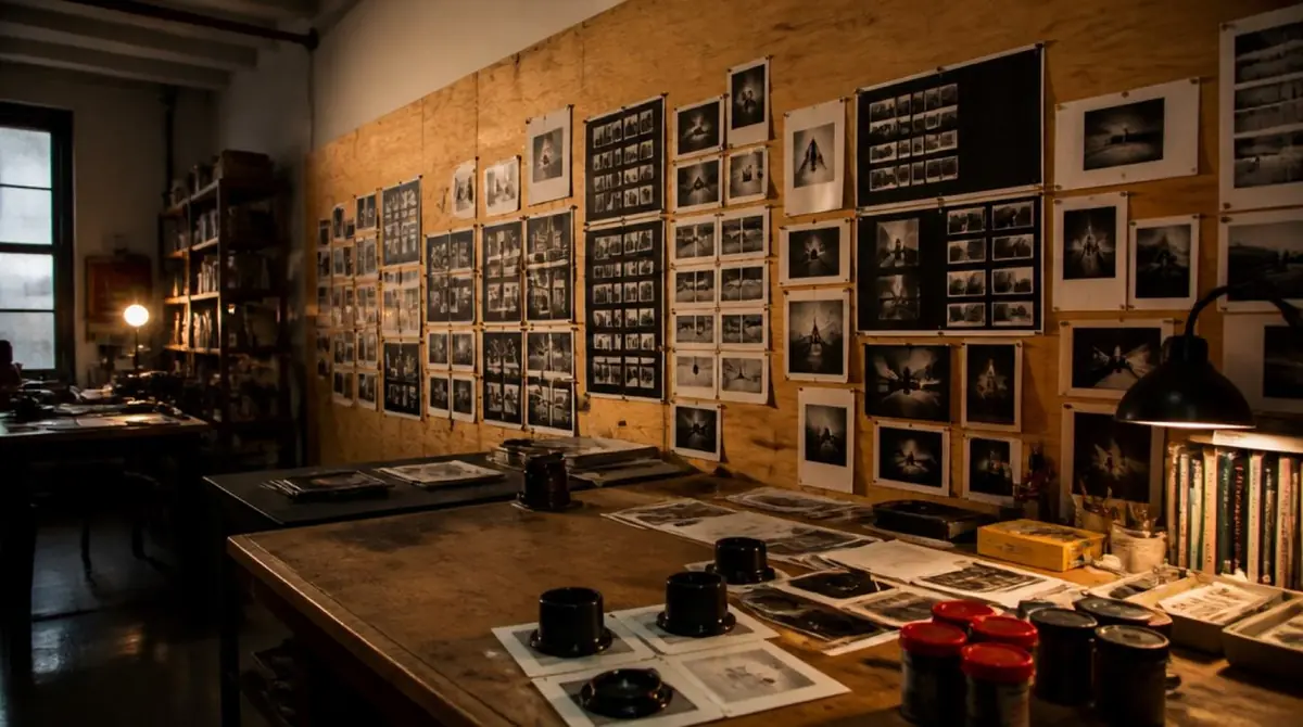 The studio wall, hung with contact sheets and prints