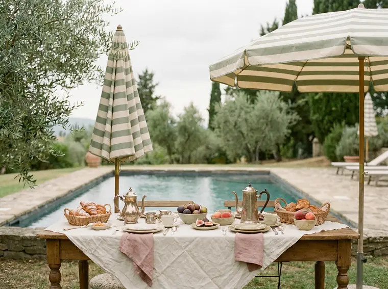 Brunch laid out beside the villa pool