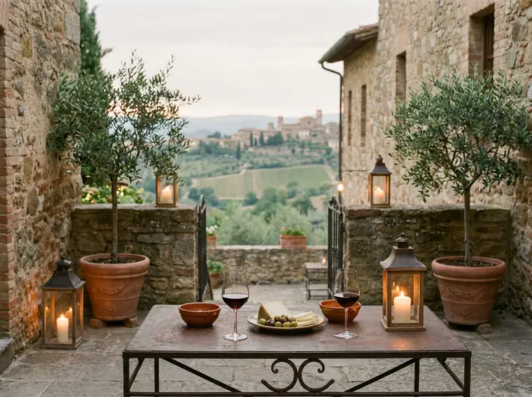 Wine and pecorino on a hill-town terrace at dusk