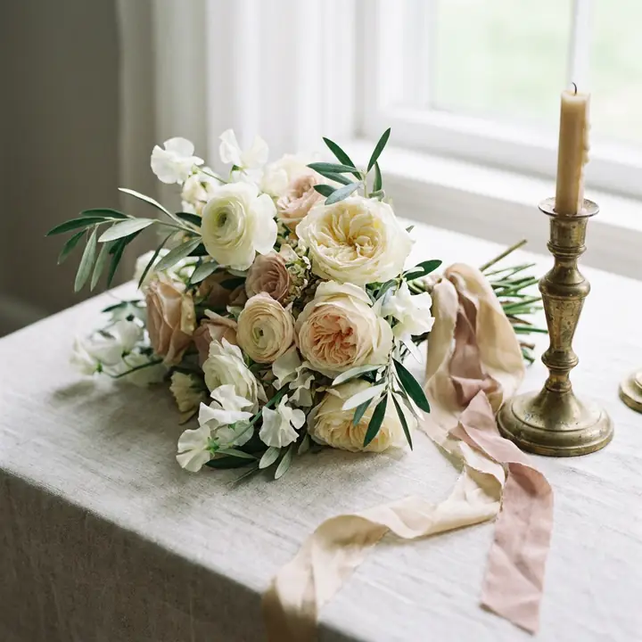 A bouquet of garden roses, ranunculus and olive branches