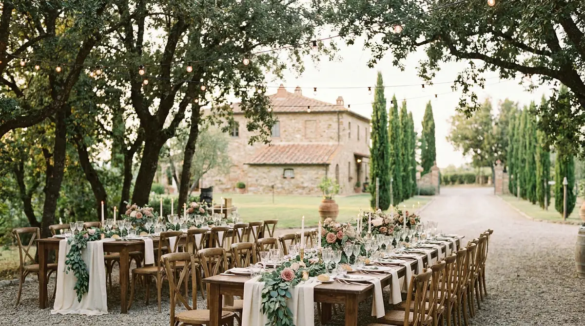 The long dinner table set under the trees at Villa Ardenza